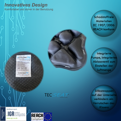 Artikelbeschreibung SoftAirSeat Pro, Bildausschnitt mit integrierter Luftpumpe und integriertem Ablassventil, Bildausschnitt mit Produktlabel