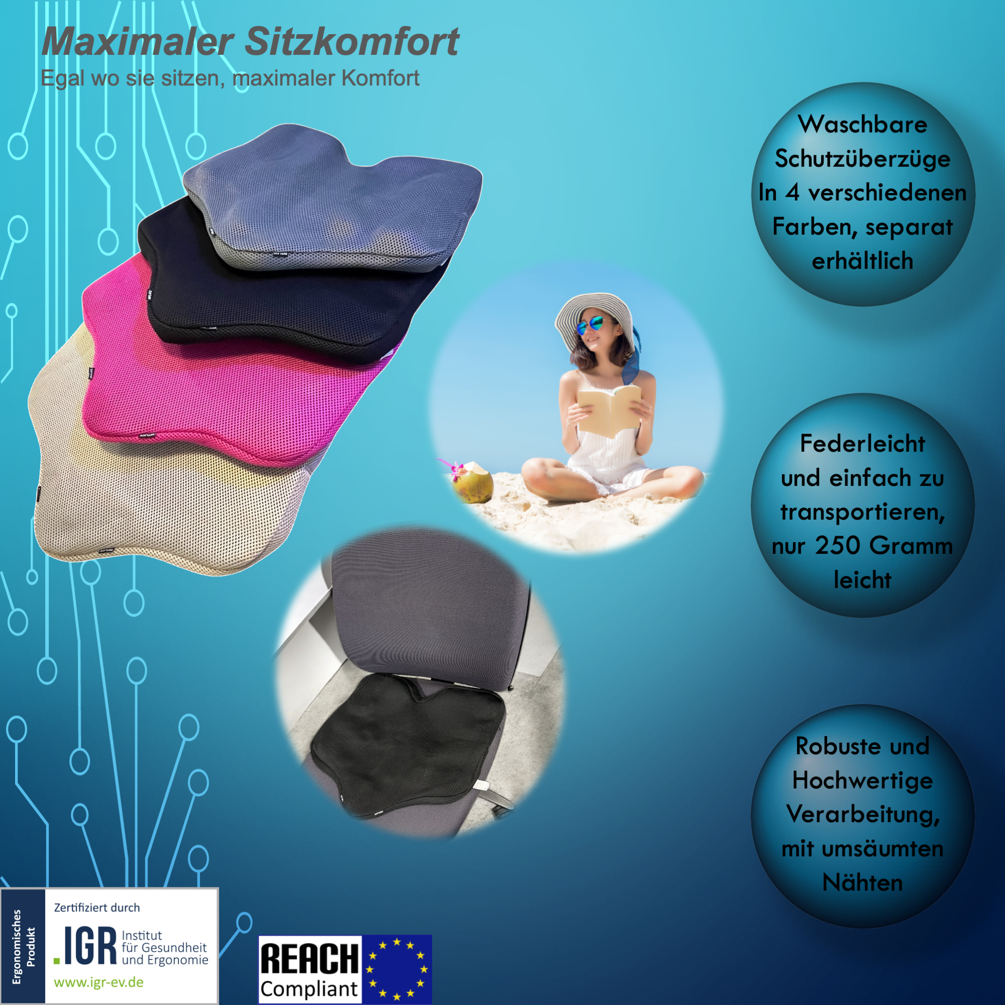 Artikelbeschreibung SoftAirSeat Pro, Sitzkissenüberzüge in 4 Farben, Sitzkissen auf Bürostuhl, Frau sitzt am Strand im Sand auf Sitzkissen