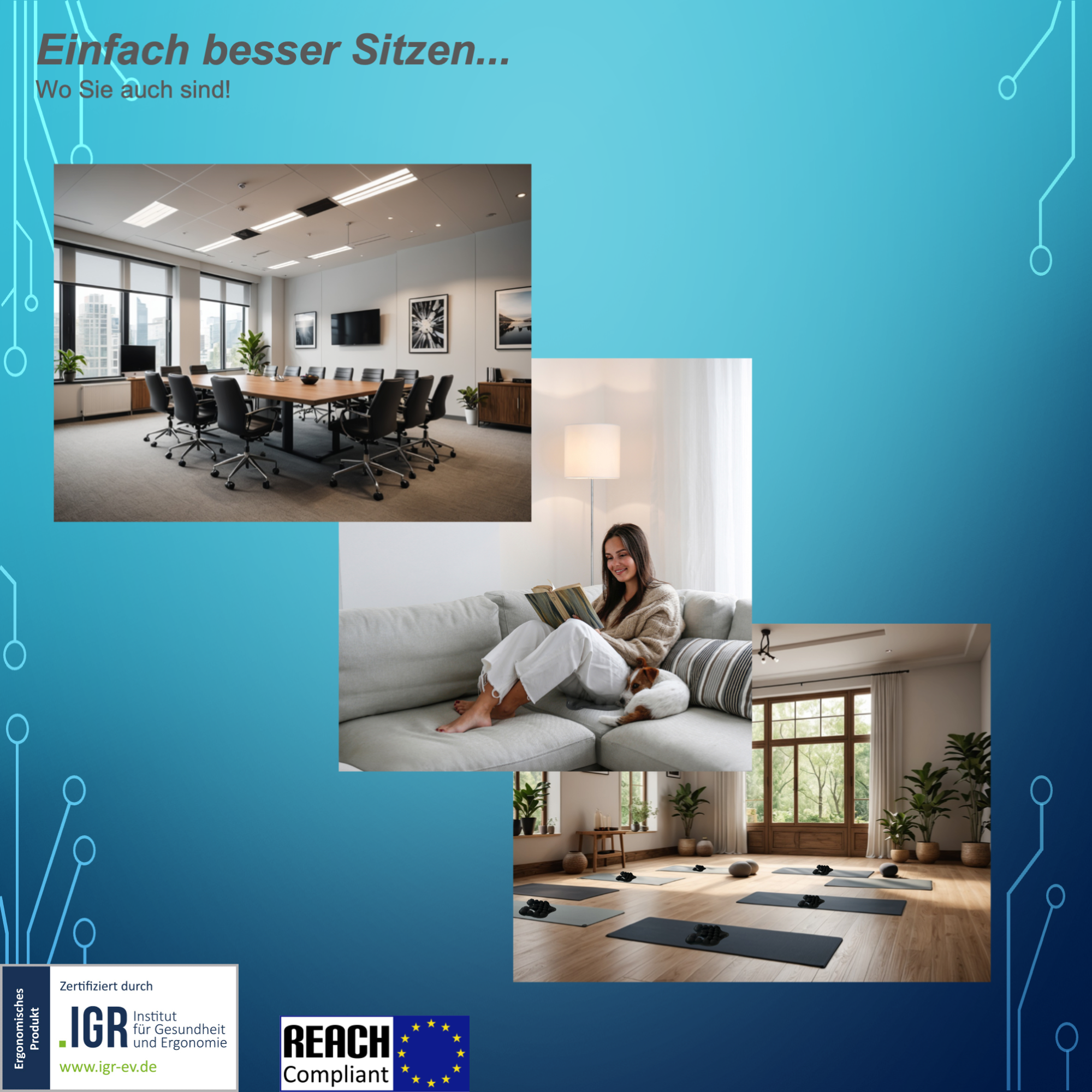 Besprechungsraum mit großem Tisch, Frau sitzt mit Hund auf Sofa, mit SoftAirSeat Pro, Yogaraum mit 7 Unterlagen, auf jeder Unterlage liegt ein SoftAirSeat Pro
